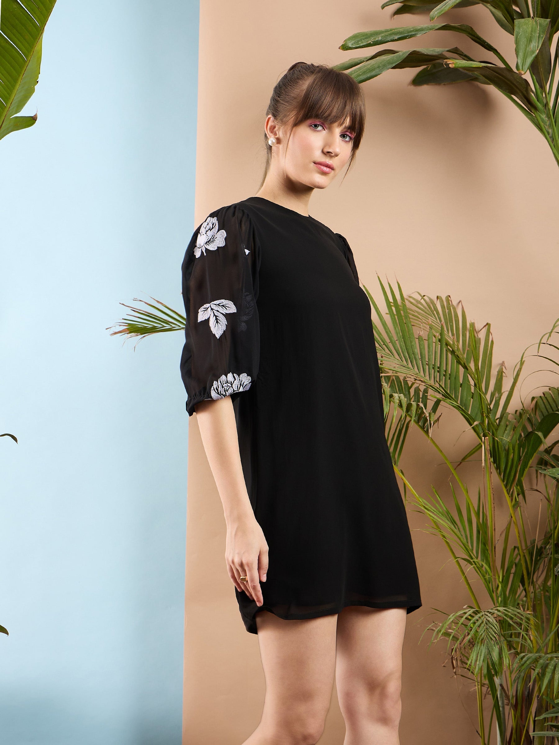 Black Embroidered Puff Sleeves Dress-SASSAFRAS