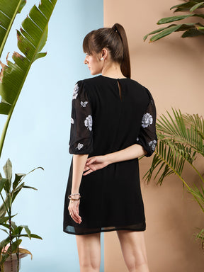 Black Embroidered Puff Sleeves Dress-SASSAFRAS