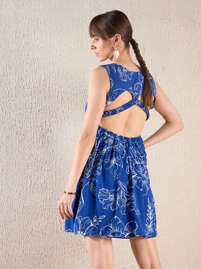 Royal Blue Floral Back Cut Out Short Dress-SASSAFRAS