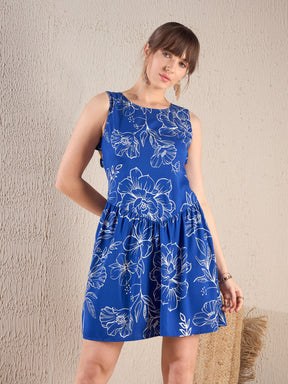 Royal Blue Floral Back Cut Out Short Dress-SASSAFRAS