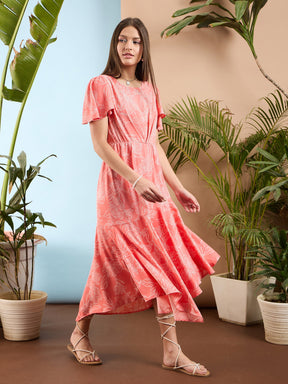 Peach Floral Asymmetric Hem Midi Dress-SASSAFRAS