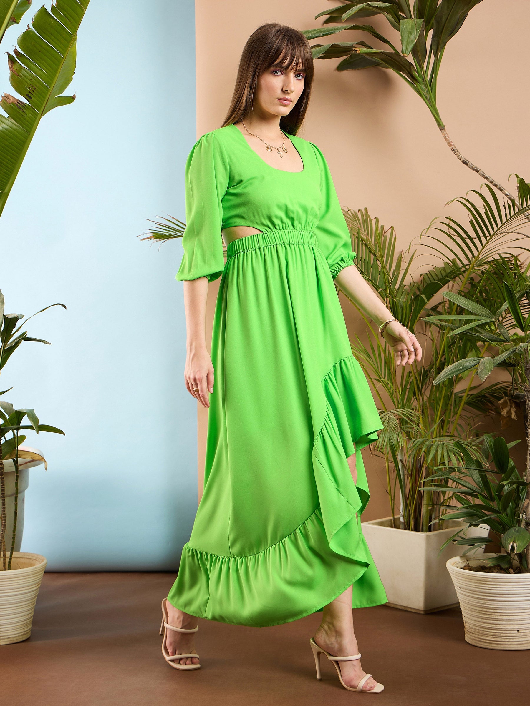 Green Waist Cut out Ruffle Maxi Dress-SASSAFRAS