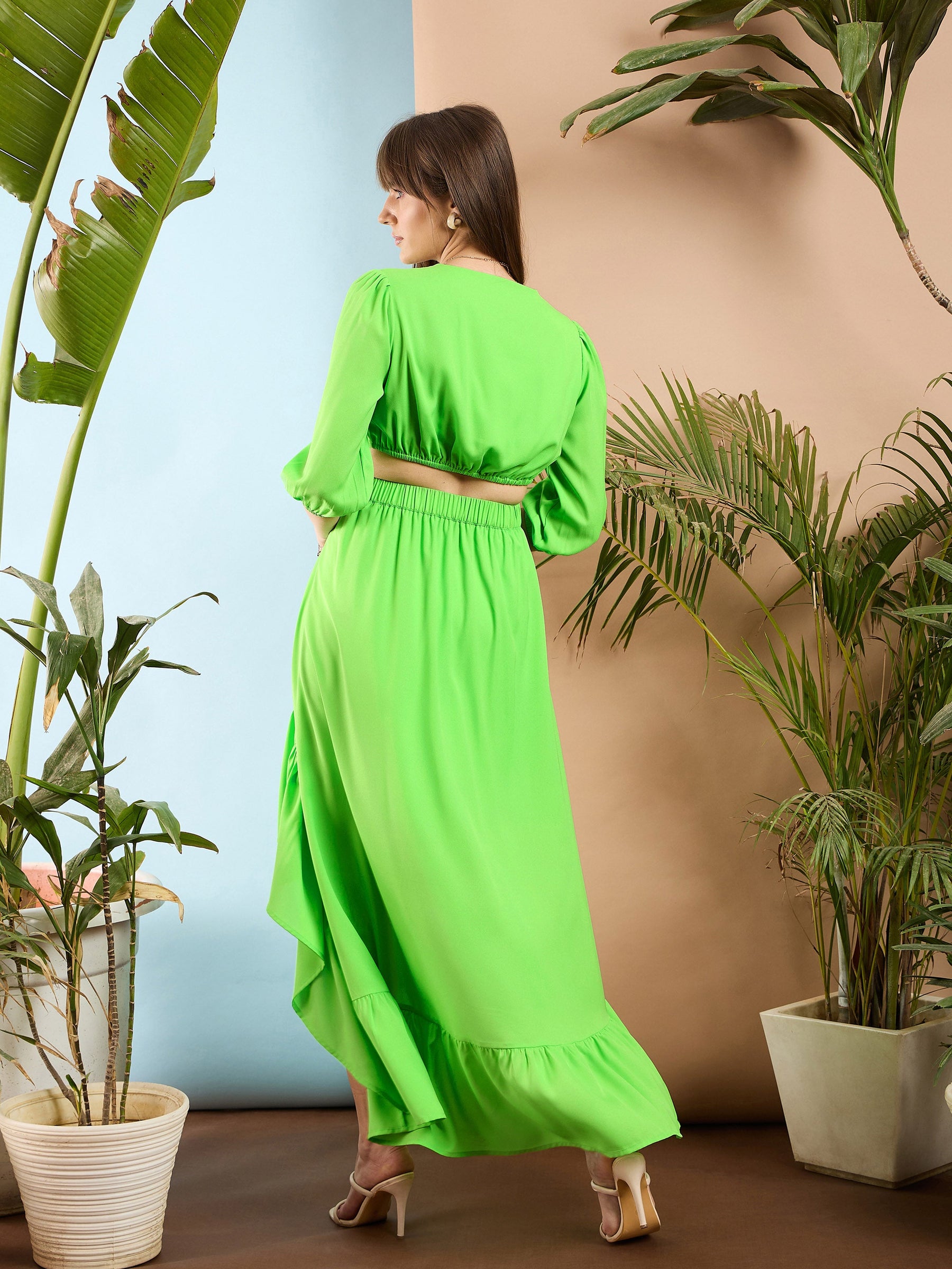 Green Waist Cut out Ruffle Maxi Dress-SASSAFRAS