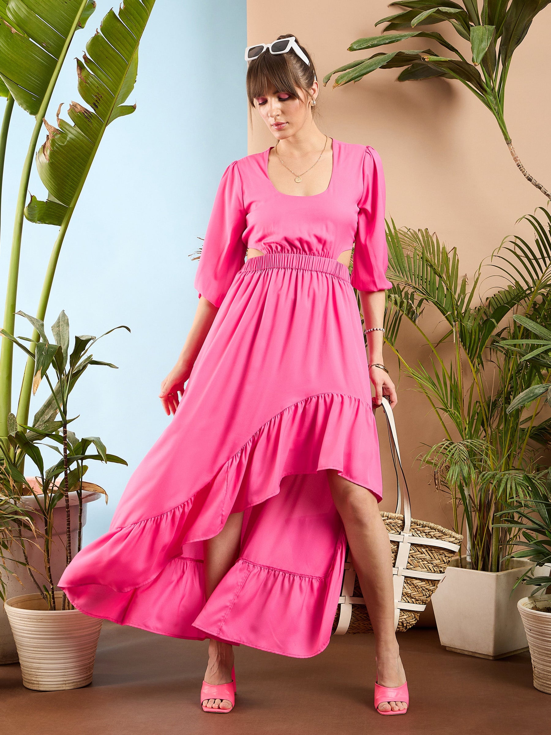 Pink Waist Cut out Ruffle Maxi Dress-SASSAFRAS