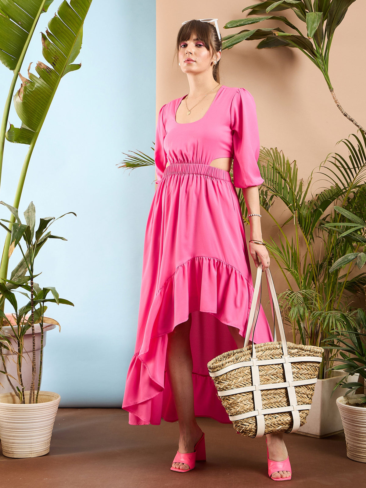 Pink Waist Cut out Ruffle Maxi Dress-SASSAFRAS