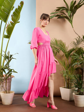 Pink Waist Cut out Ruffle Maxi Dress-SASSAFRAS