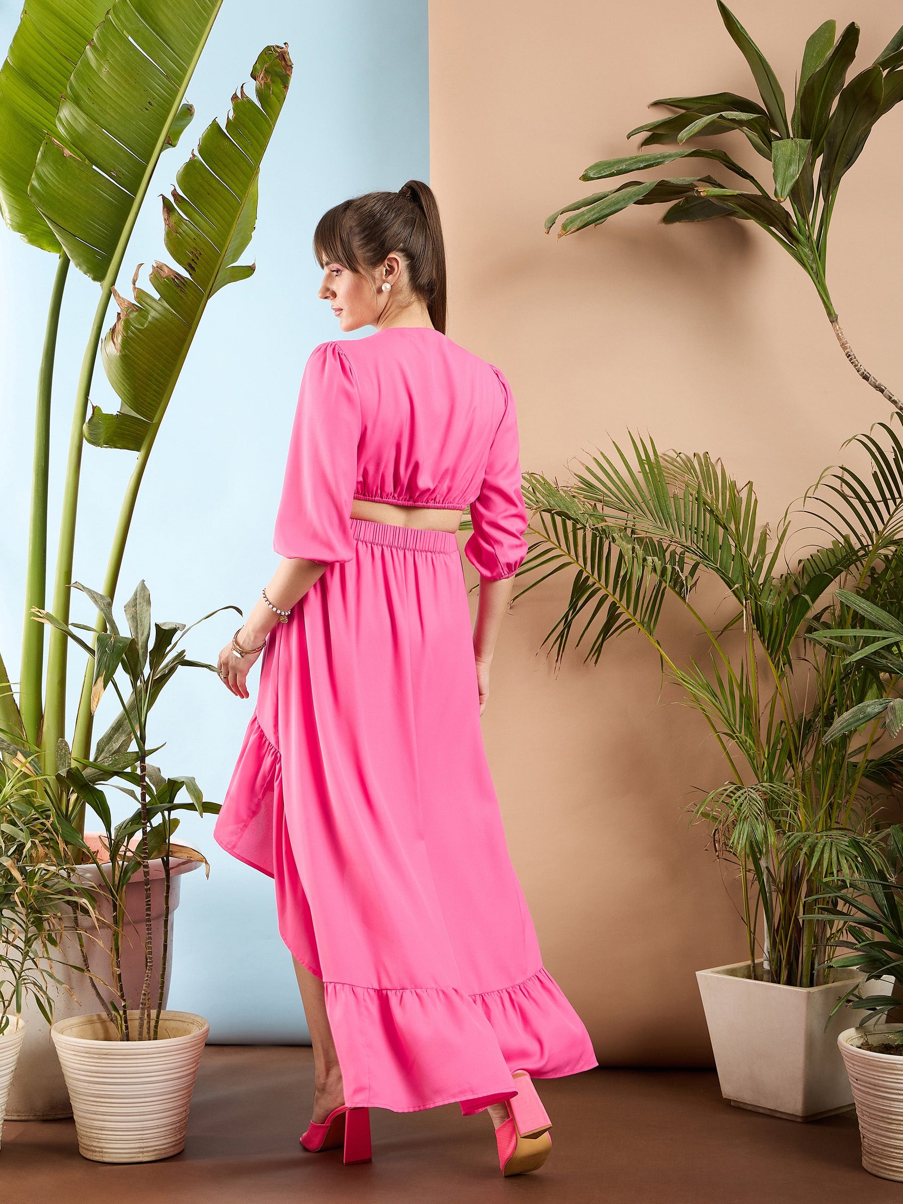 Pink Waist Cut out Ruffle Maxi Dress-SASSAFRAS