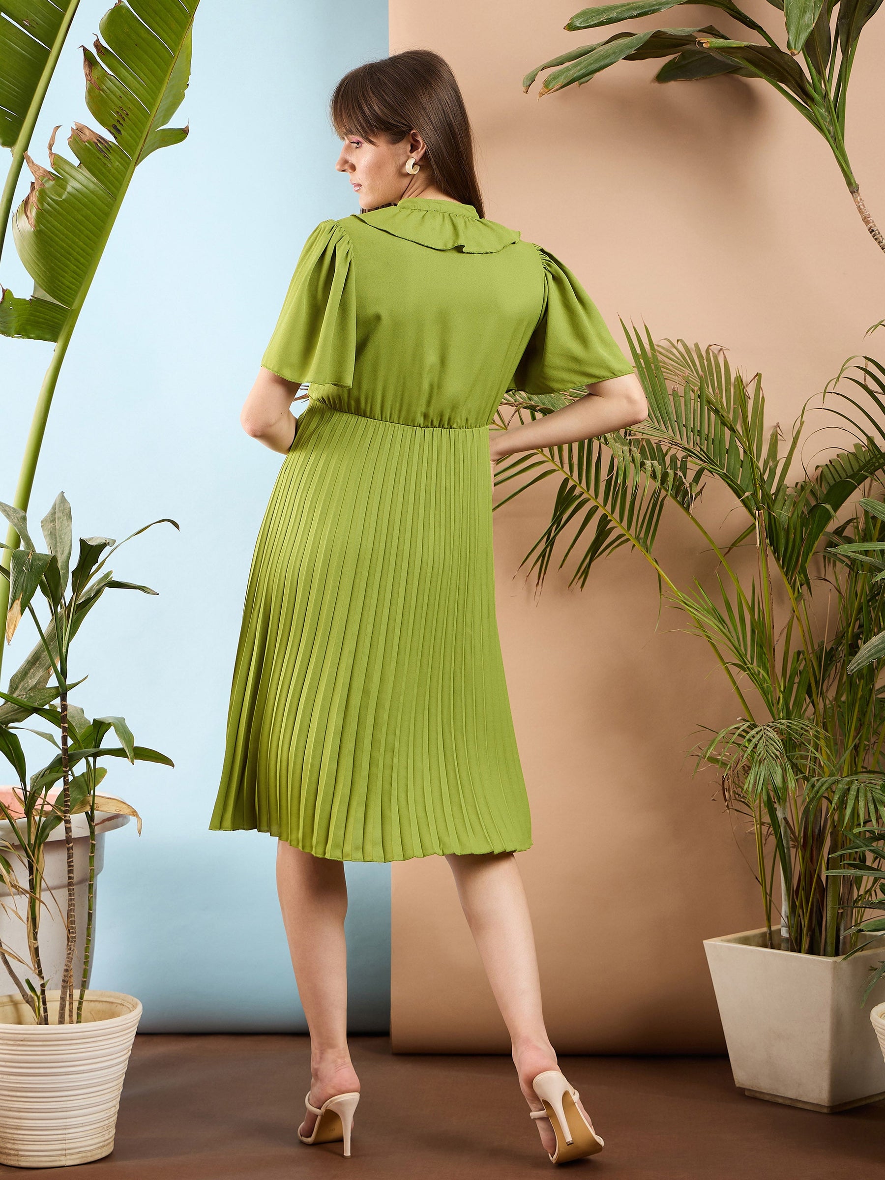 Olive Frill Neck Accordion Pleated Midi Dress-SASSAFRAS