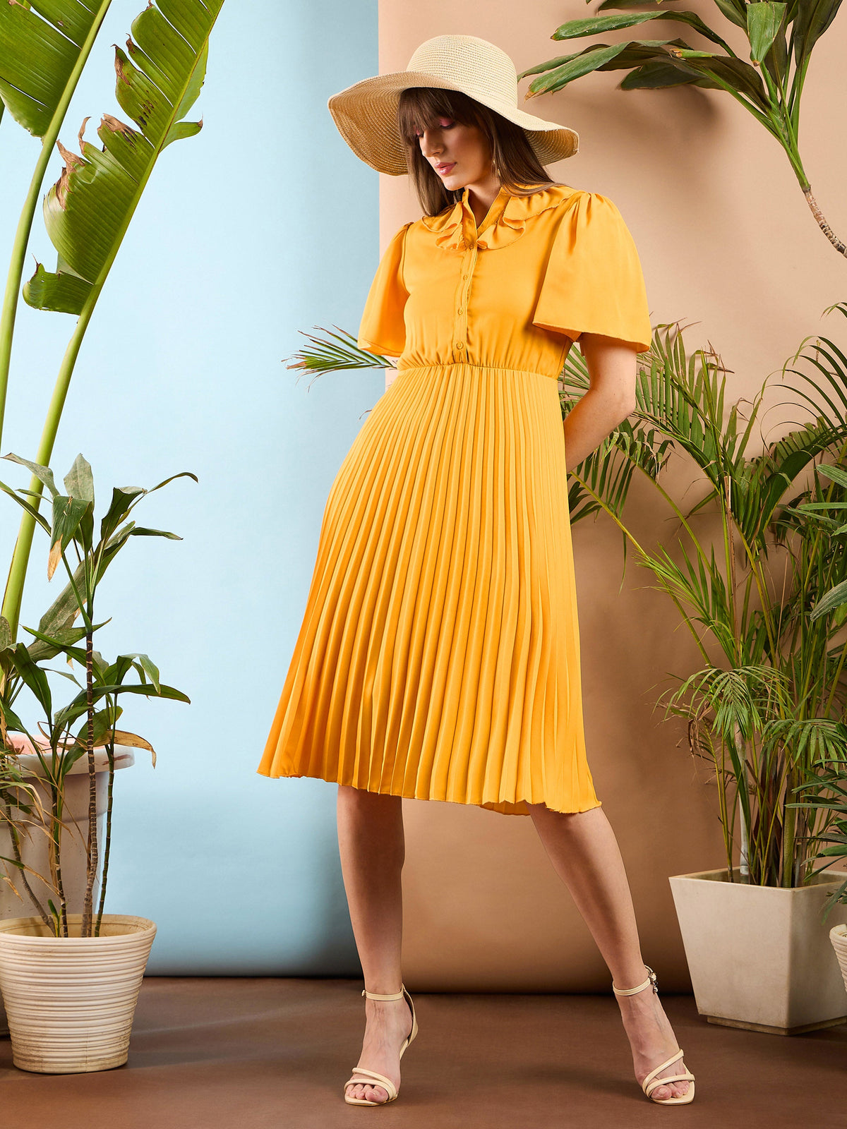 Mustard Frill Neck Accordion Pleated Midi Dress-SASSAFRAS