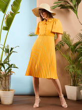 Mustard Frill Neck Accordion Pleated Midi Dress-SASSAFRAS