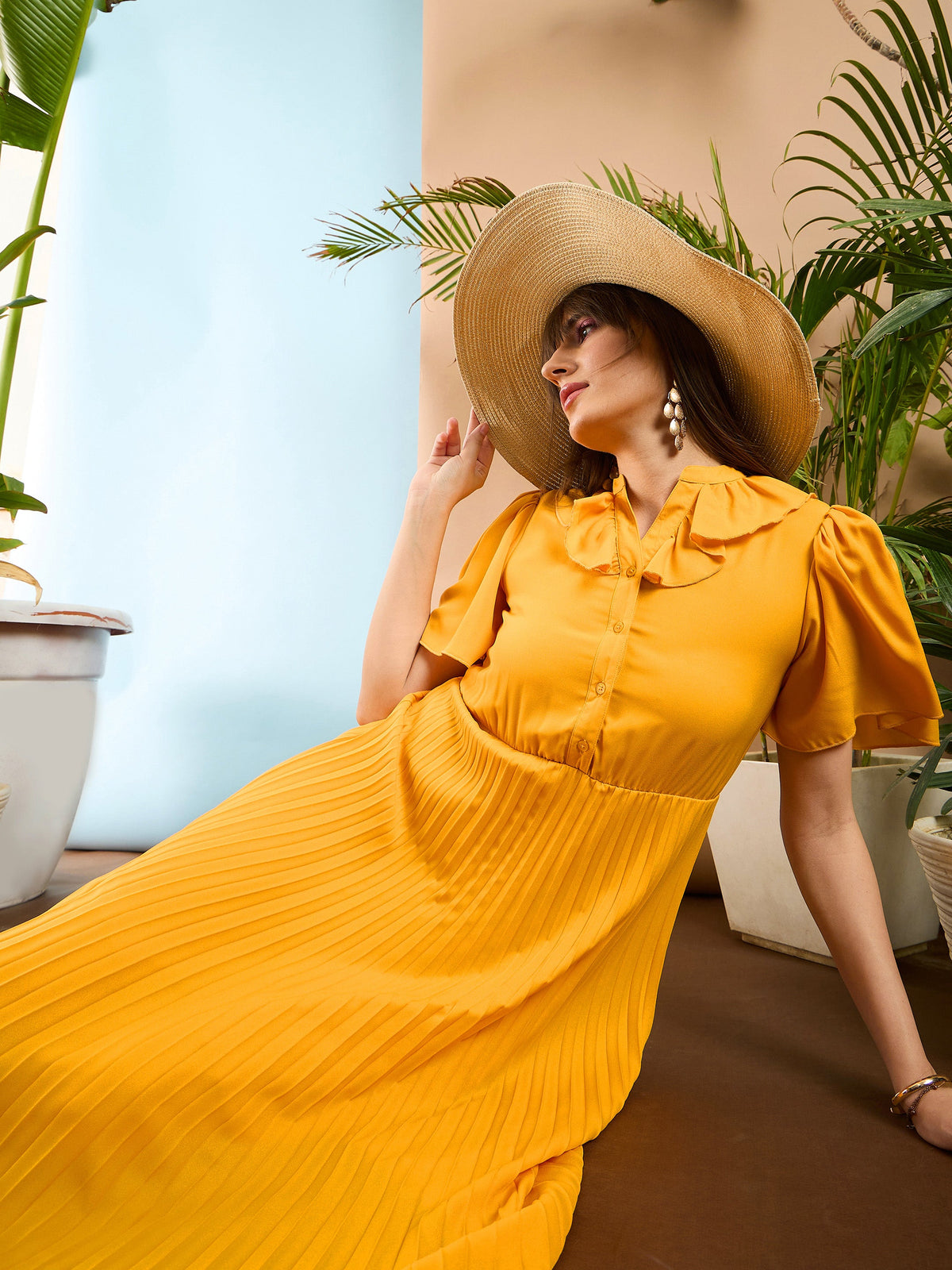 Mustard Frill Neck Accordion Pleated Midi Dress-SASSAFRAS
