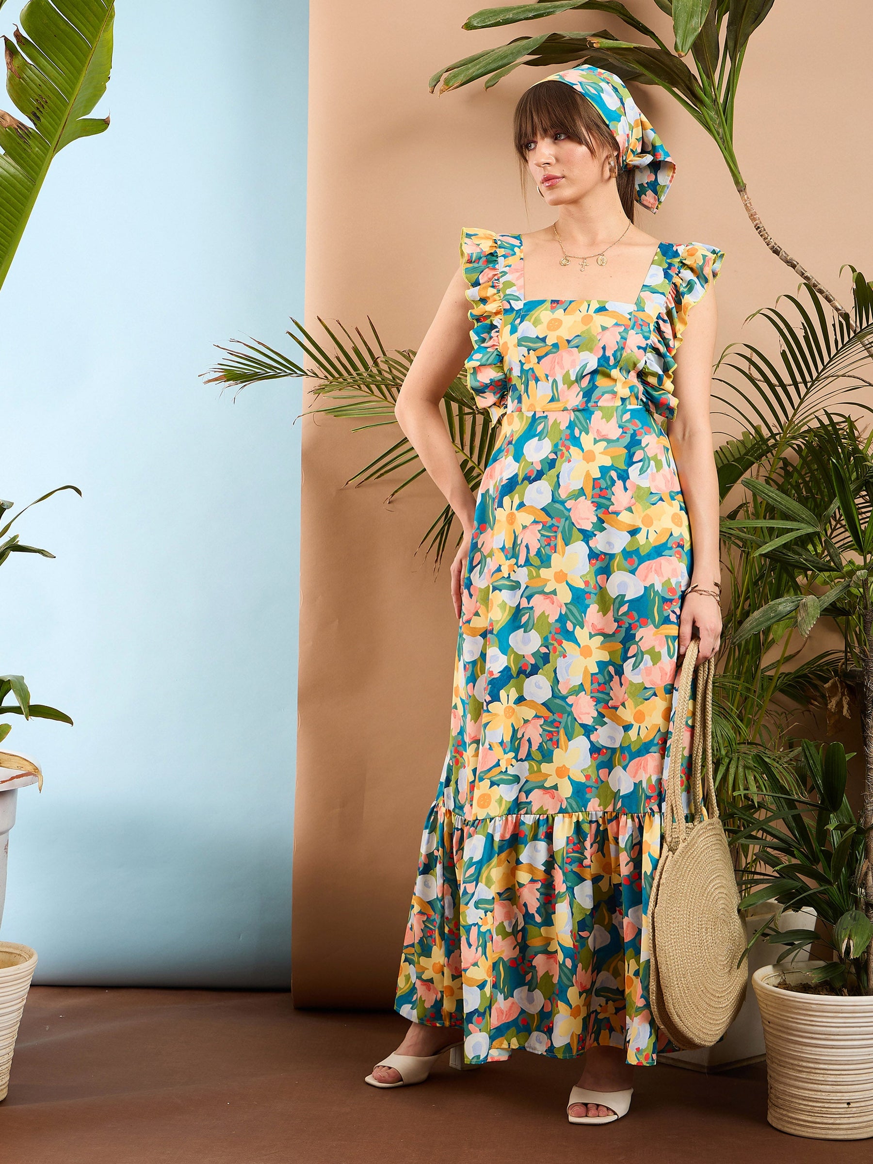 Sea Green Floral Back Tie Maxi Dress-SASSAFRAS