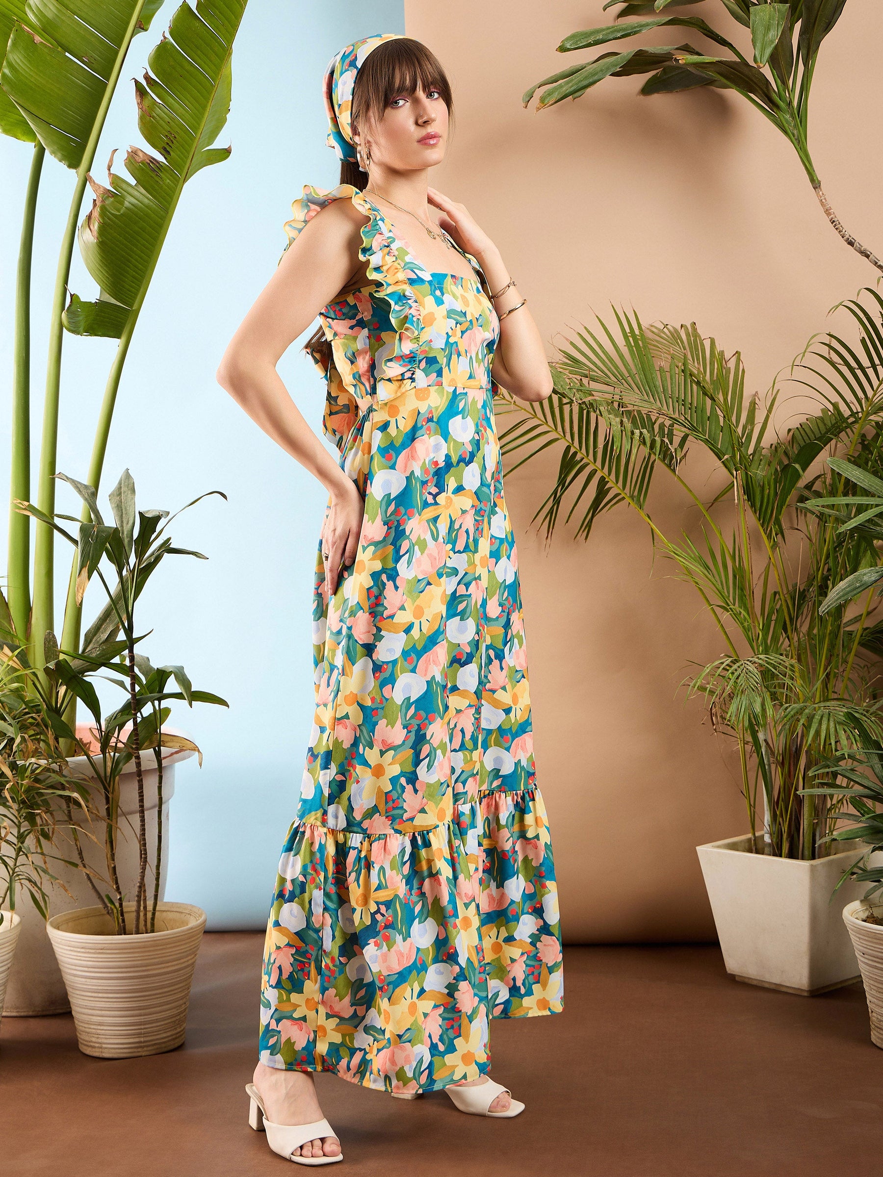 Sea Green Floral Back Tie Maxi Dress-SASSAFRAS