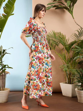 Orange Floral Puff Sleeves A-Line Midi Dress-SASSAFRAS