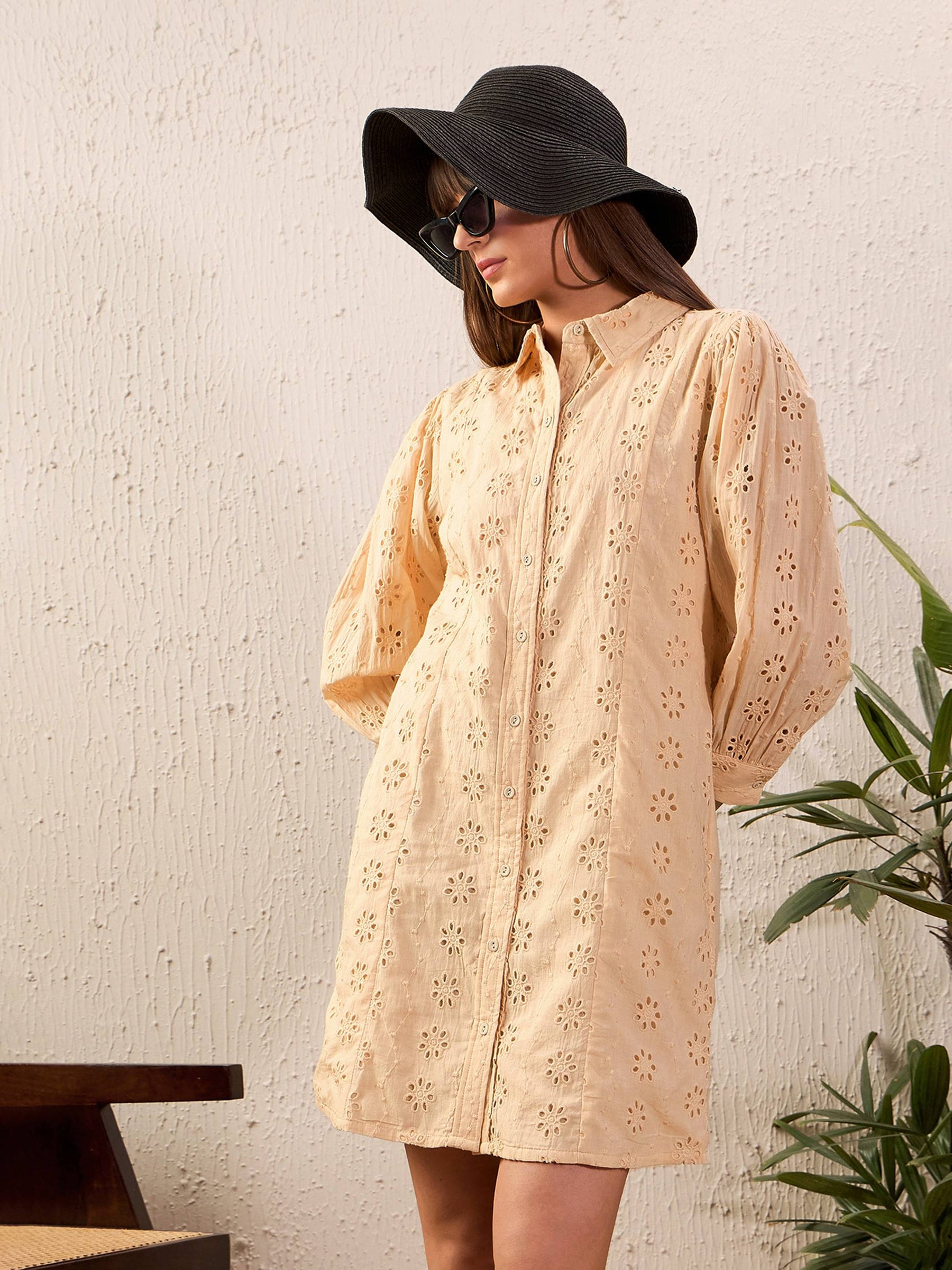 Beige Schiffli Shirt Dress-SASSAFRAS