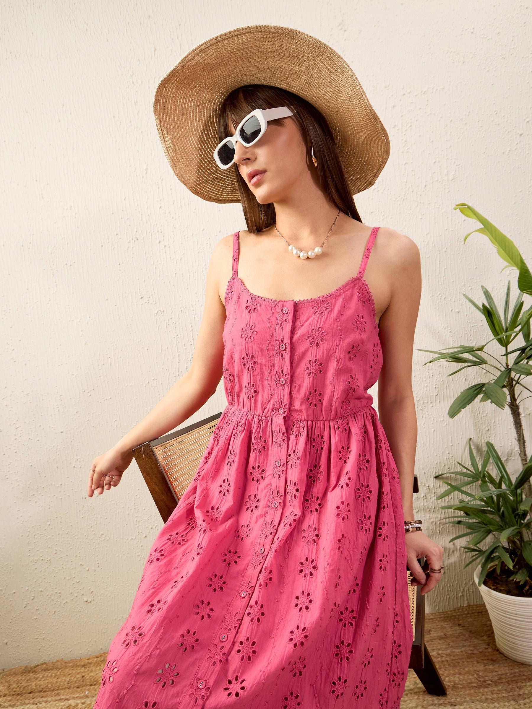 Pink Schiffli Strappy Midi Dress-SASSAFRAS