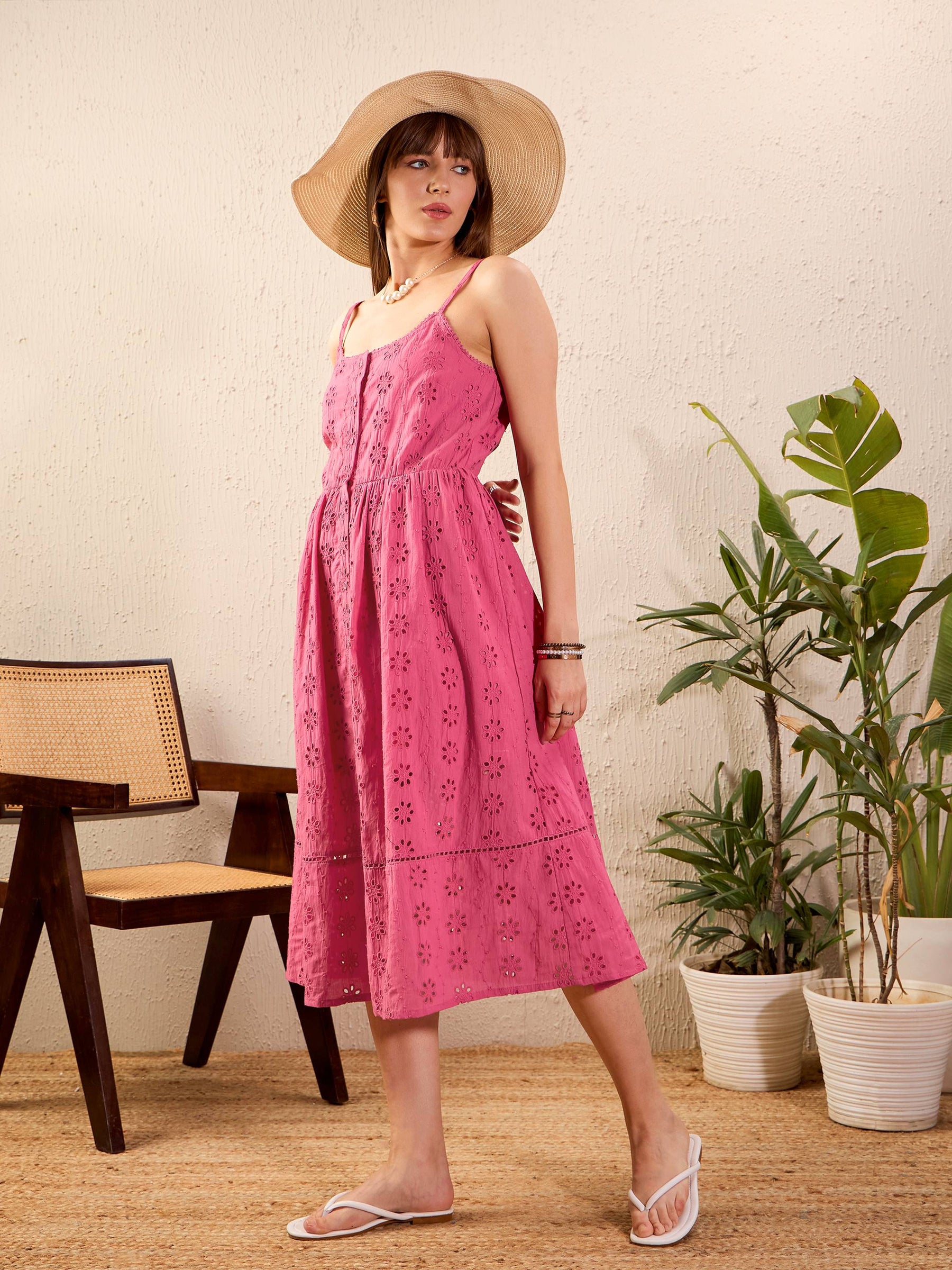 Pink Schiffli Strappy Midi Dress-SASSAFRAS