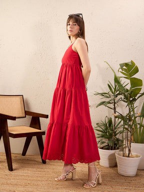 Red Schiffli Strappy Tiered Maxi Dress-SASSAFRAS