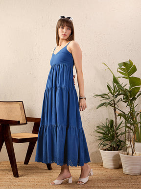 Royal Blue Schiffli Strappy Tered Maxi Dress-SASSAFRAS