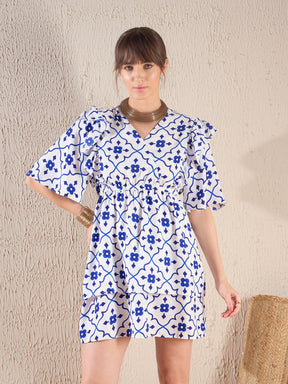 Navy Ethnic Print Layered Hem Dress-SASSAFRAS