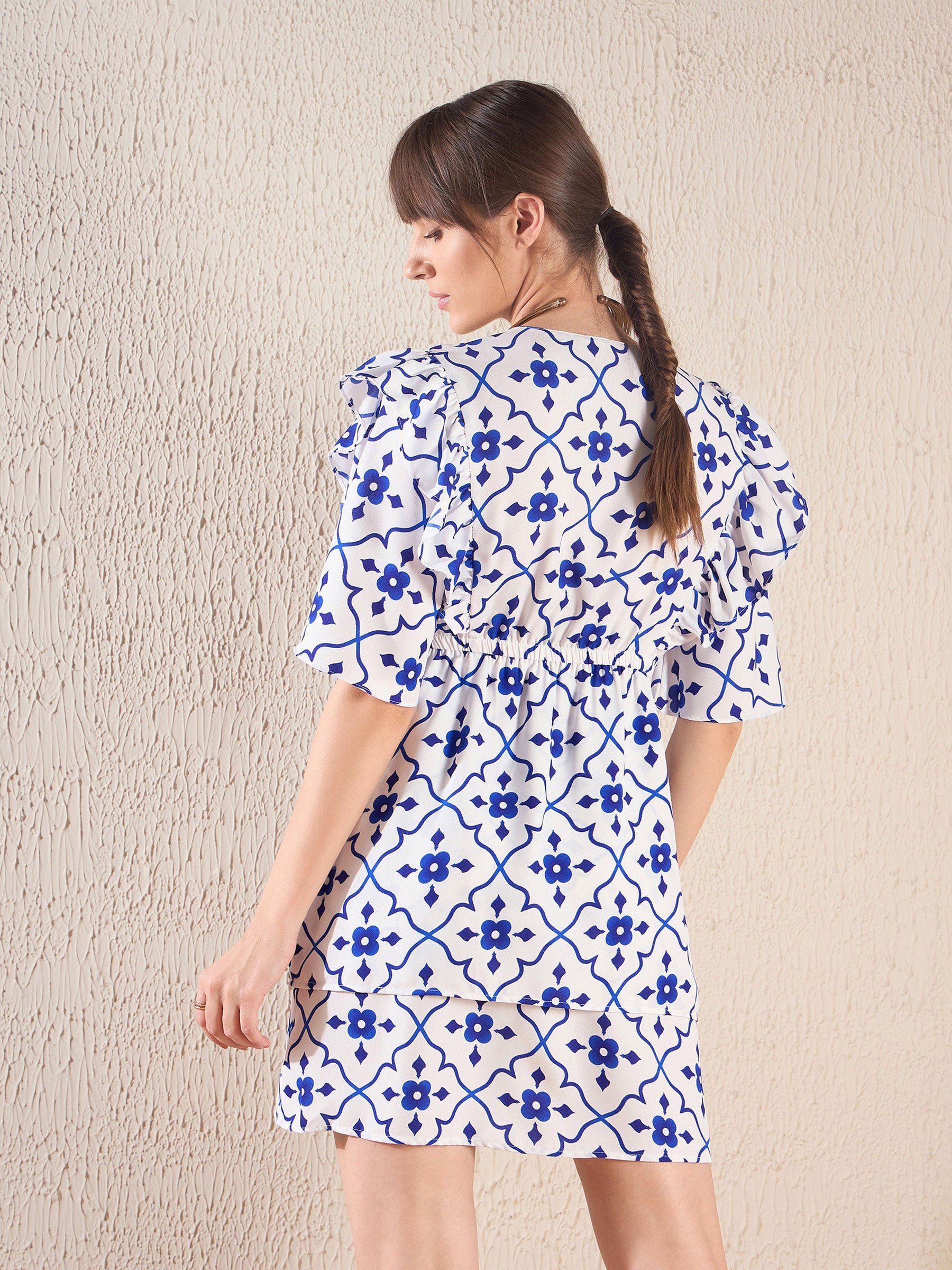 Navy Ethnic Print Layered Hem Dress-SASSAFRAS