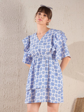 Royal Blue Ethnic Print Layered Hem Dress-SASSAFRAS