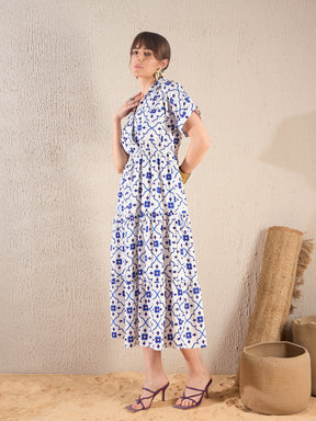 Navy Ethnic Print Collar Tiered Midi Dress-SASSAFRAS