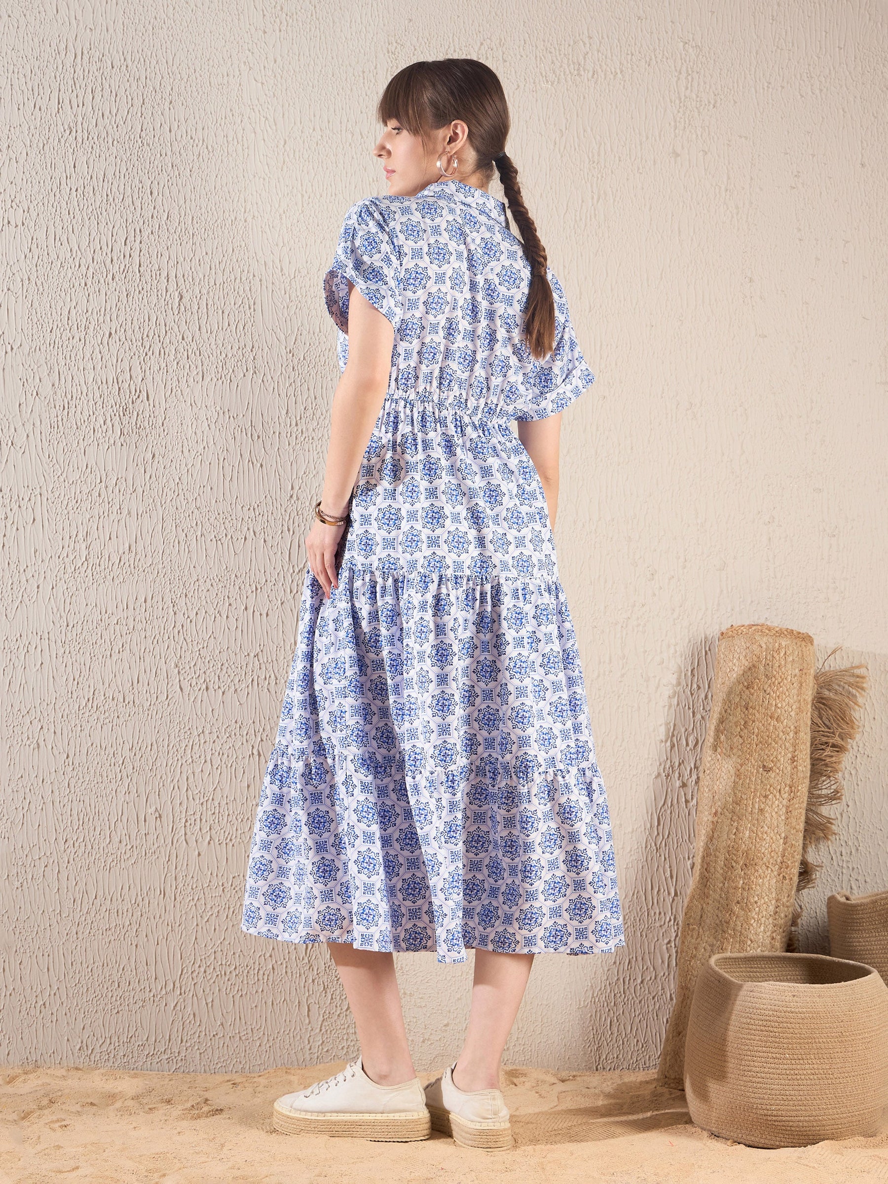 Royal Blue Ethnic Print Collar Tiered Midi Dress-SASSAFRAS