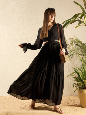 Black Waist Cut Out Maxi Dress-SASSAFRAS