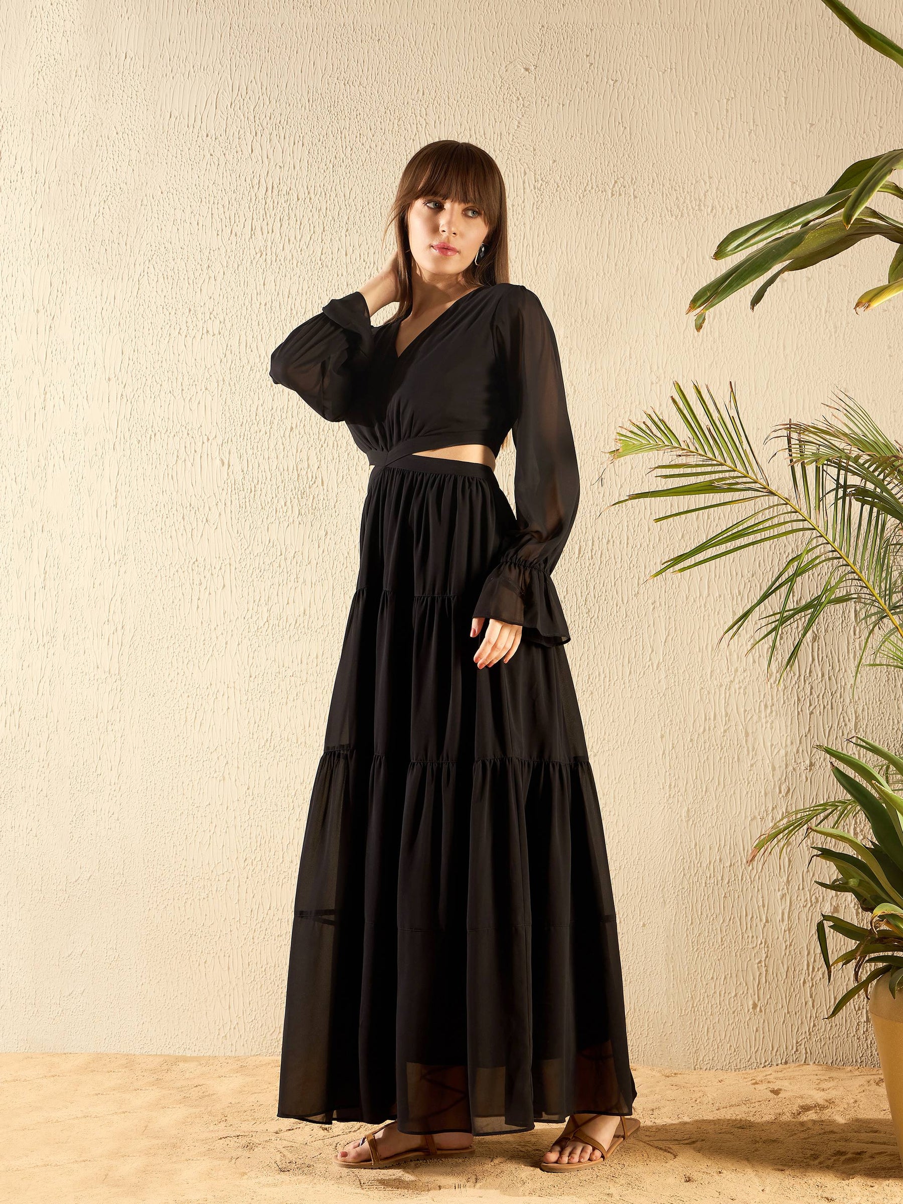 Black Waist Cut Out Maxi Dress-SASSAFRAS