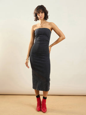 Women Black Washed Denim Tube Dress