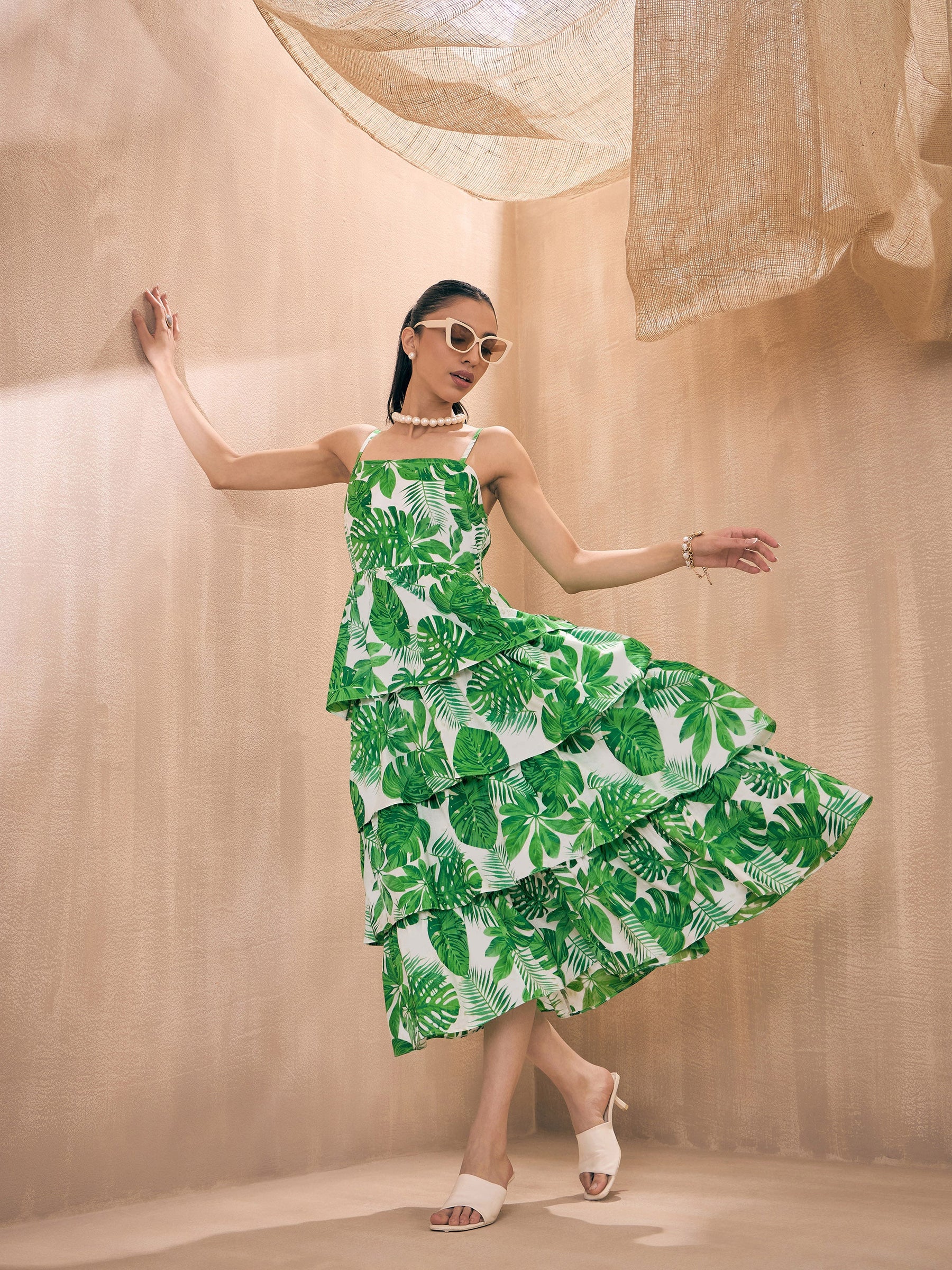 Women Green Leaf Print Frill Strappy Midi Dress