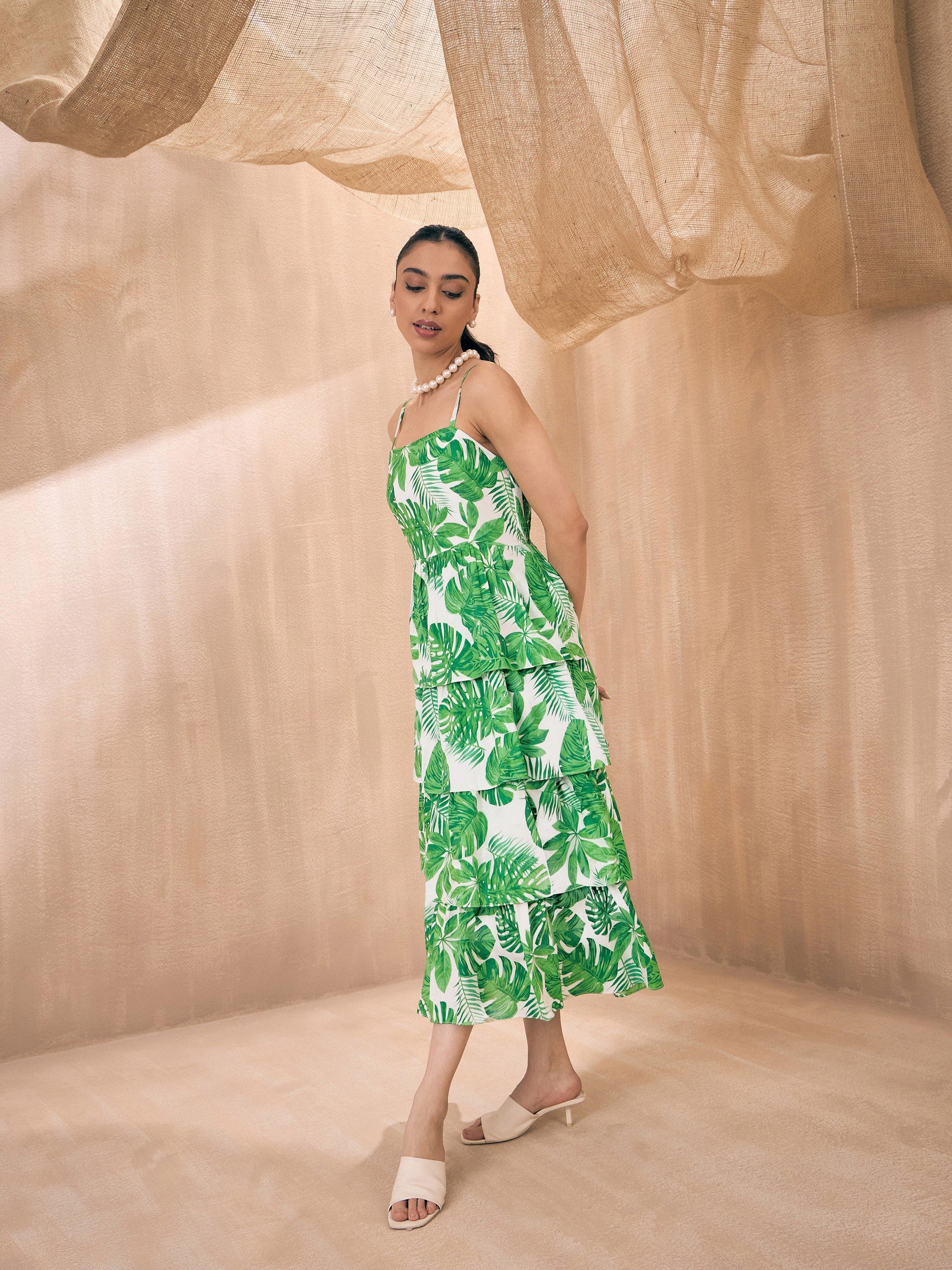 Women Green Leaf Print Frill Strappy Midi Dress