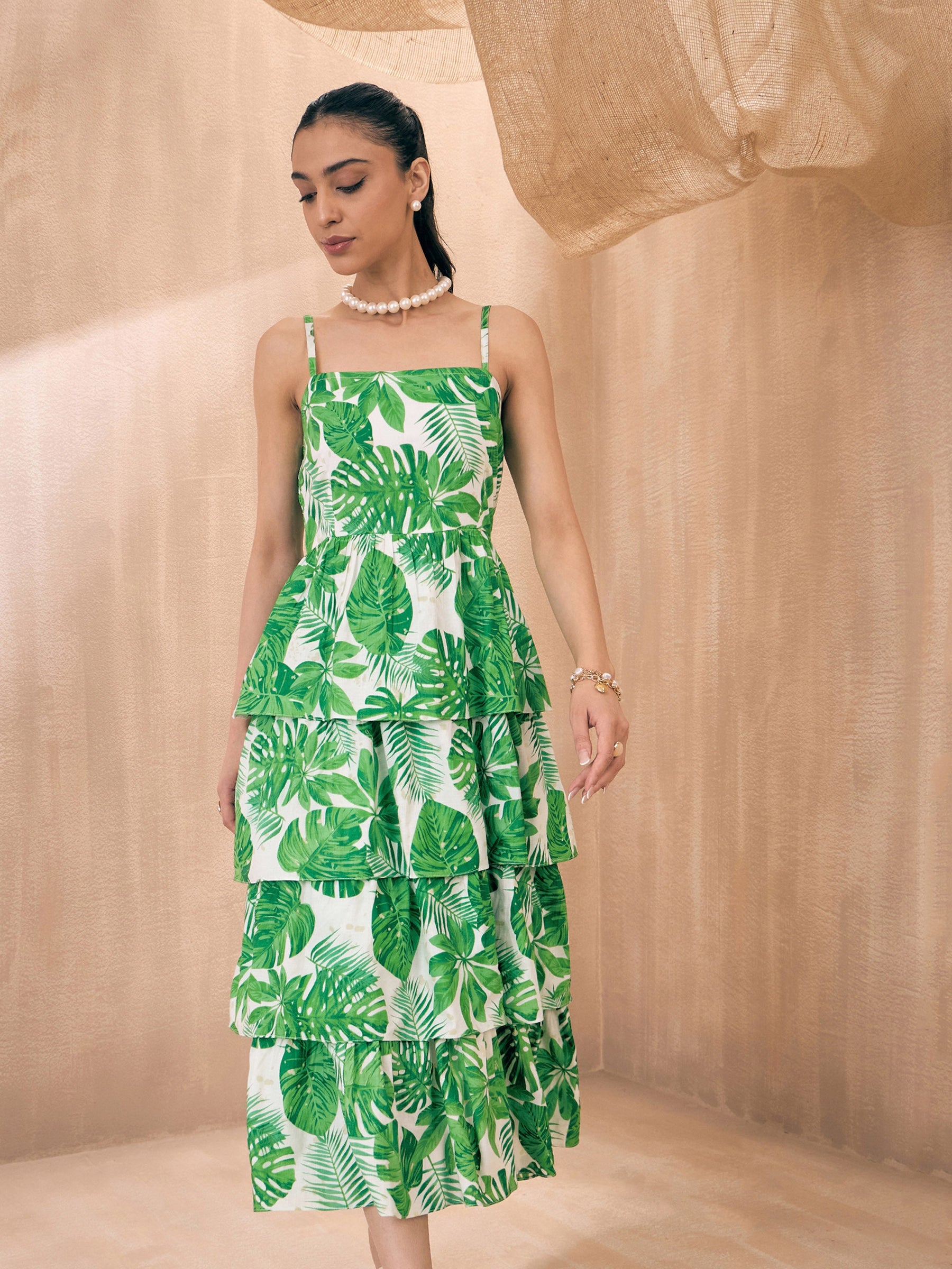 Women Green Leaf Print Frill Strappy Midi Dress