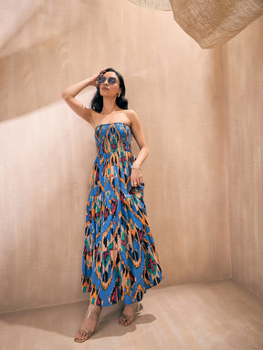 Blue Ikat Print Tube Maxi-Pink Paprika By SASSAFRAS