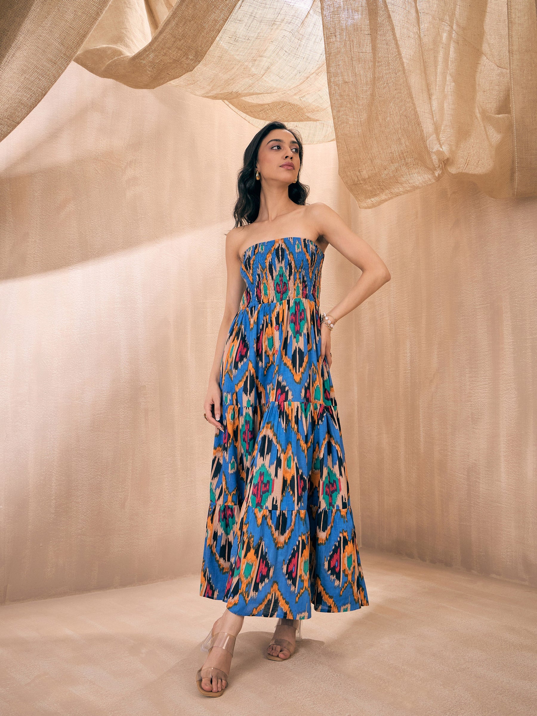 Blue Ikat Print Tube Maxi-Pink Paprika By SASSAFRAS