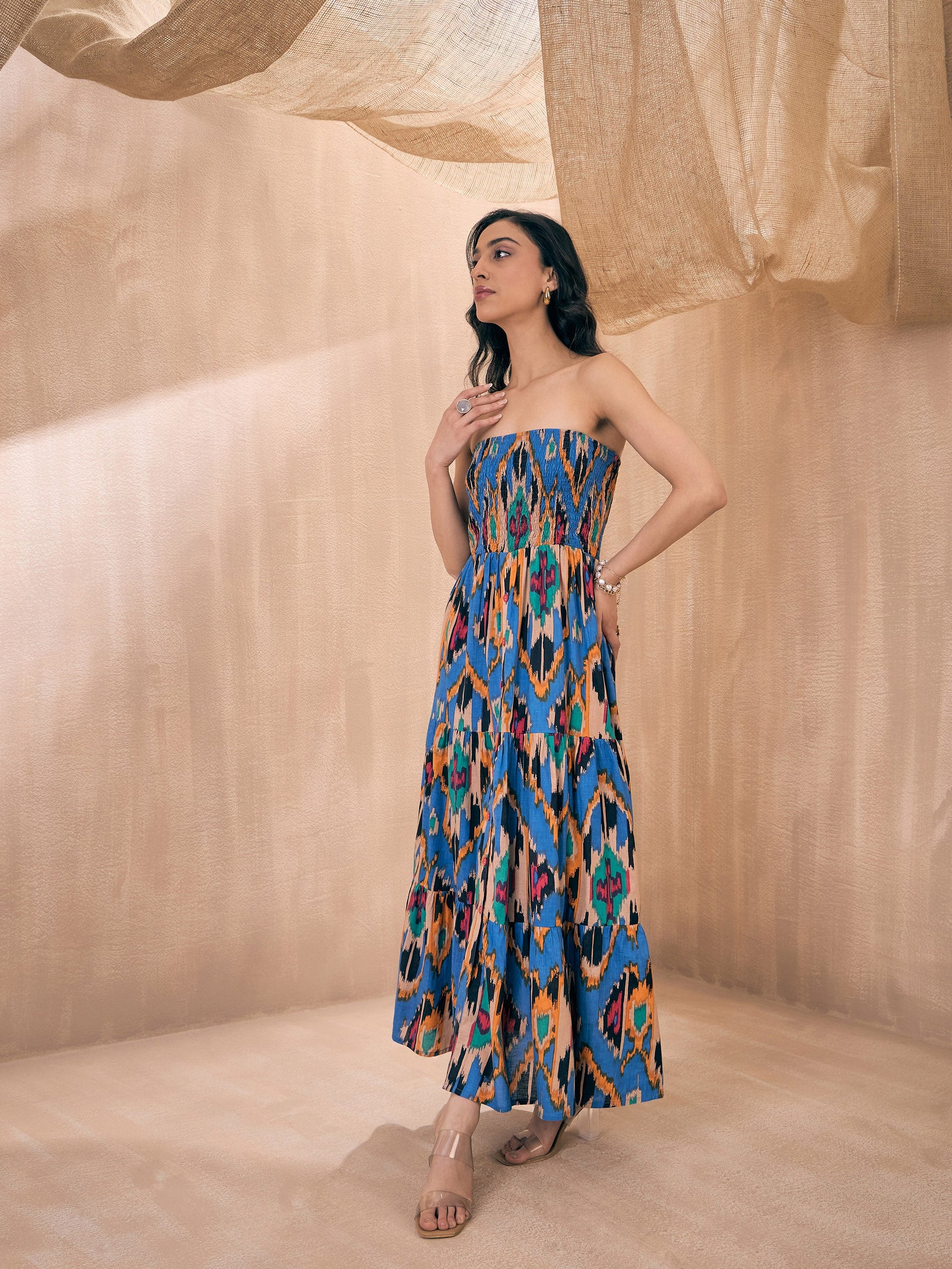 Blue Ikat Print Tube Maxi-Pink Paprika By SASSAFRAS