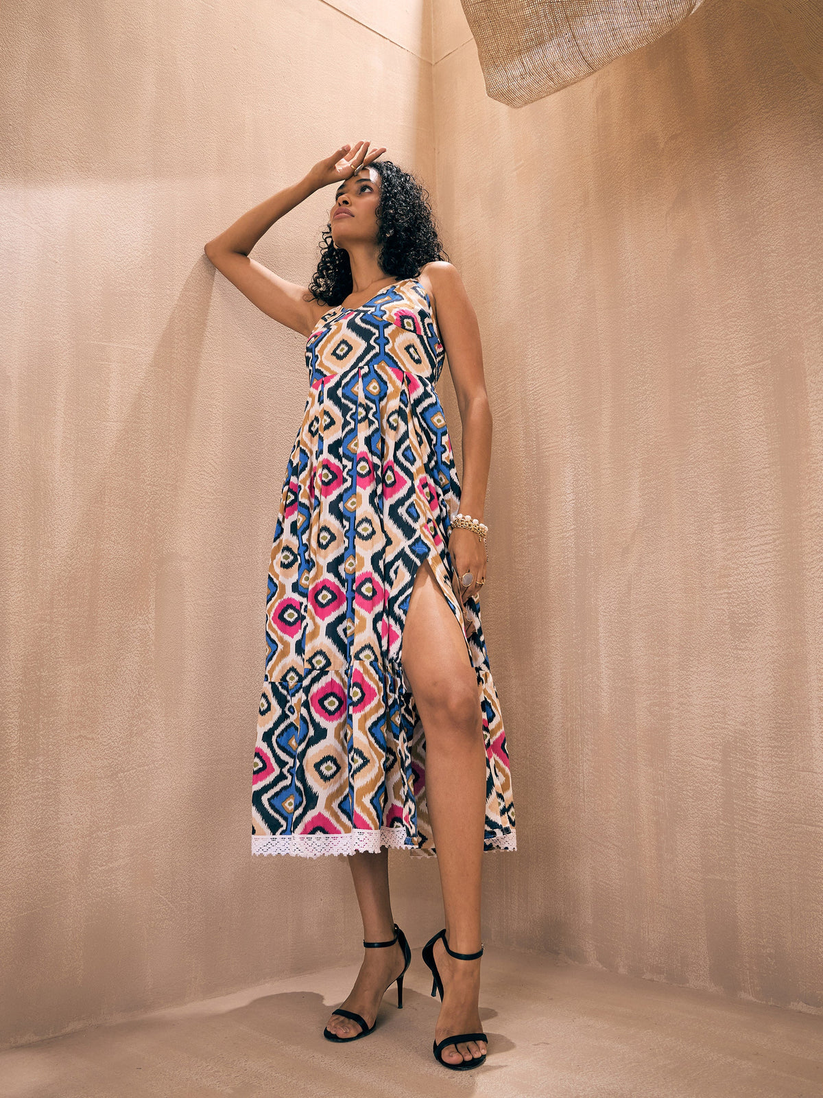 Blue & Pink Ethnic Print Front Slit Strappy Midi Dress-Pink Paprika By SASSAFRAS