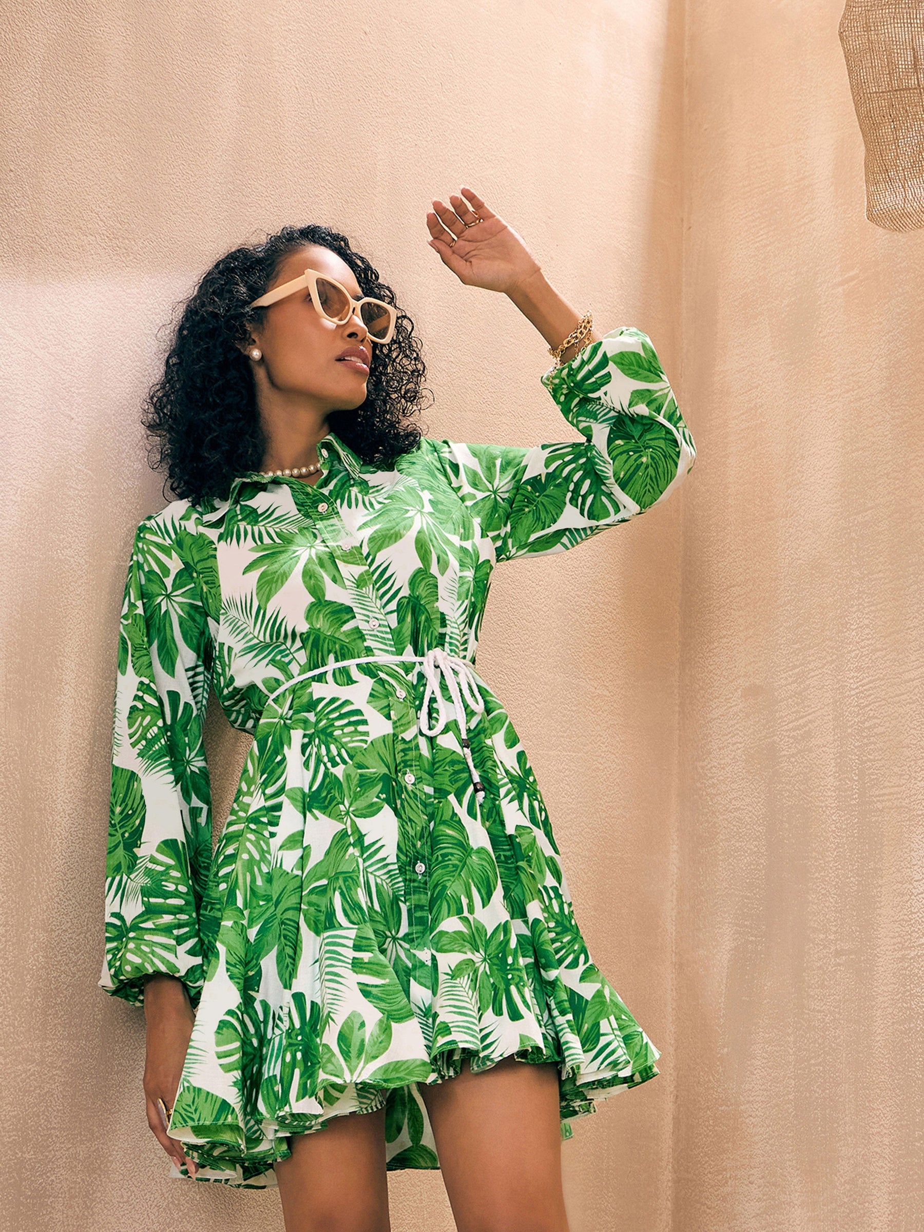 Buy Women Green Leaf Print Flared Dori Belt Shirt Dress Online at Best Price - Sassafras Buy Women Green Leaf Print Flared Dori Belt Shirt Dress Online at Best Price - Sassafras