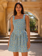 Women Blue Poplin Ditsy Floral Smocked Back Dress