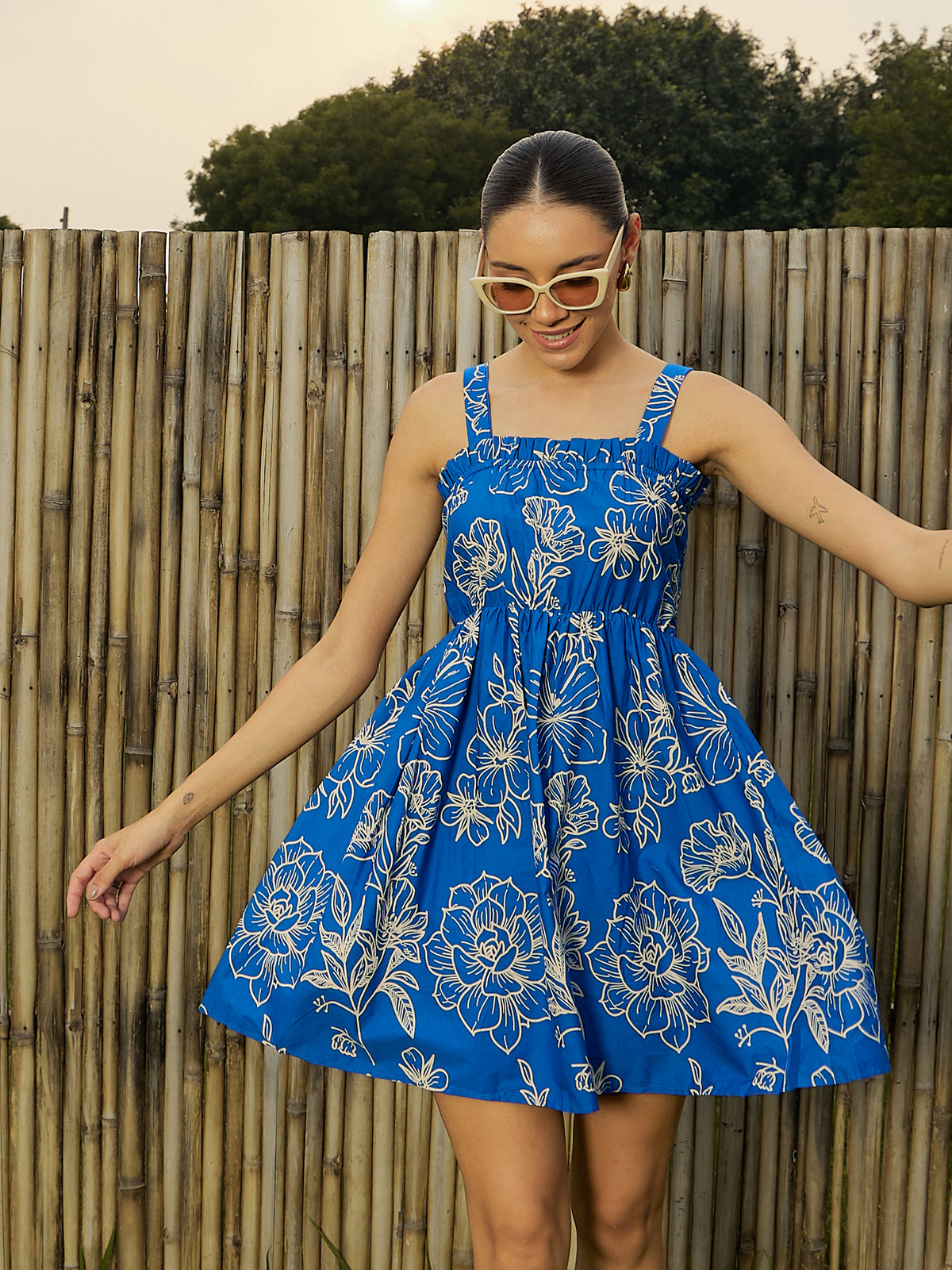 Women Blue Poplin Floral Ruffle Neck Smocked Skater Dress