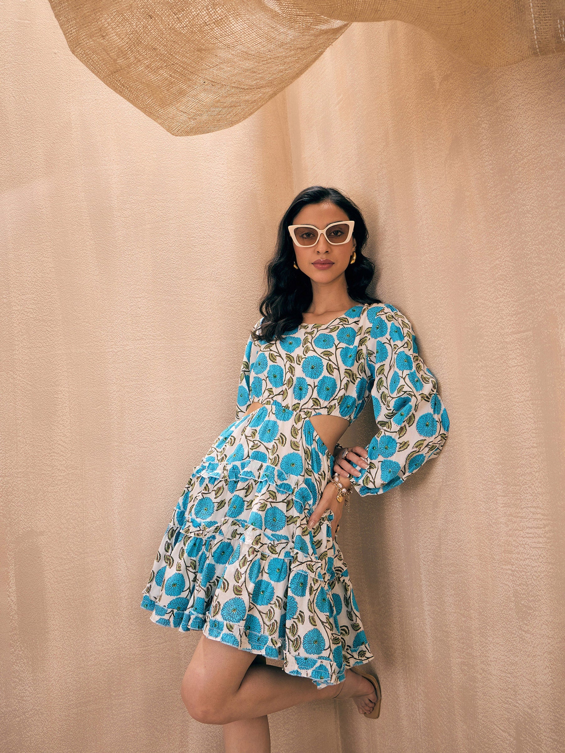 Blue Floral Side Cut-Out Short Tiered Dress-Pink Paprika By SASSAFRAS