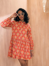 Orange Ikat Print Front Button Shirt Tiered Dress-Pink Paprika By SASSAFRAS