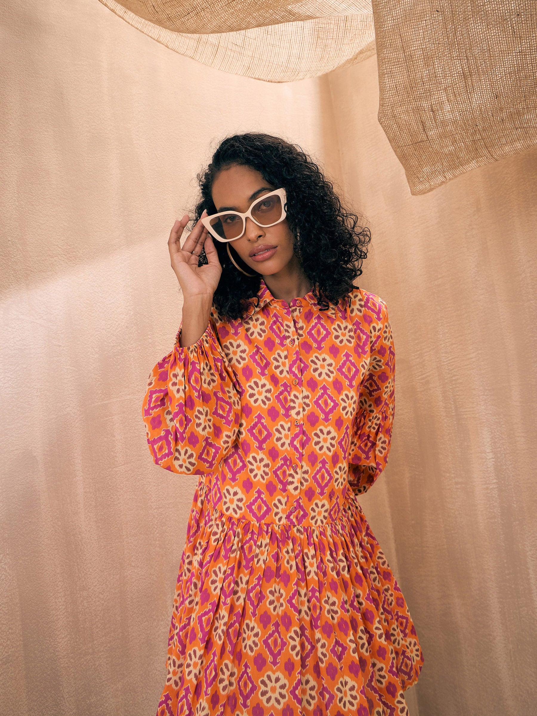 Orange Ikat Print Front Button Shirt Tiered Dress-Pink Paprika By SASSAFRAS