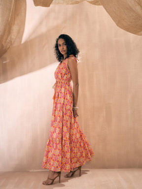 Orange Ikat Print Shoulder Tie Belted Tiered Maxi-Pink Paprika By SASSAFRAS