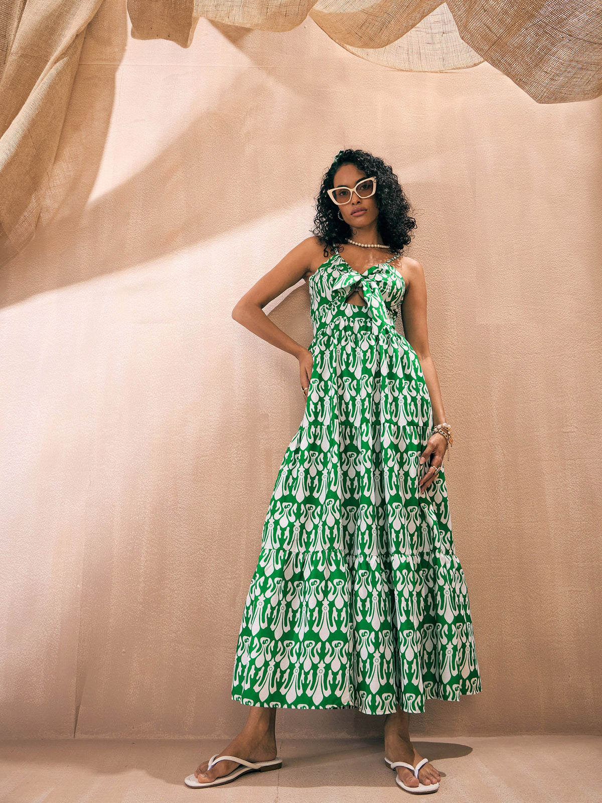 Green & White Ikat Print Front Knot Strappy Maxi-Pink Paprika By SASSAFRAS