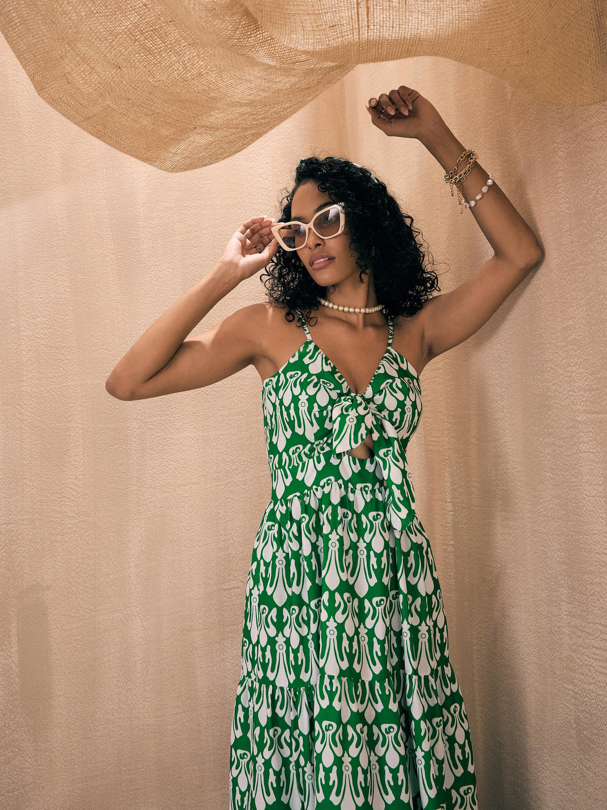 Green & White Ikat Print Front Knot Strappy Maxi-Pink Paprika By SASSAFRAS