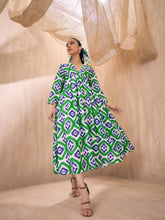 Green & Blue Ikat V-Neck Gathered Midi Dress-Pink Paprika By SASSAFRAS