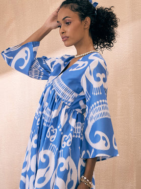 Blue & White Ikat V-Neck Gathered Midi Dress-Pink Paprika By SASSAFRAS