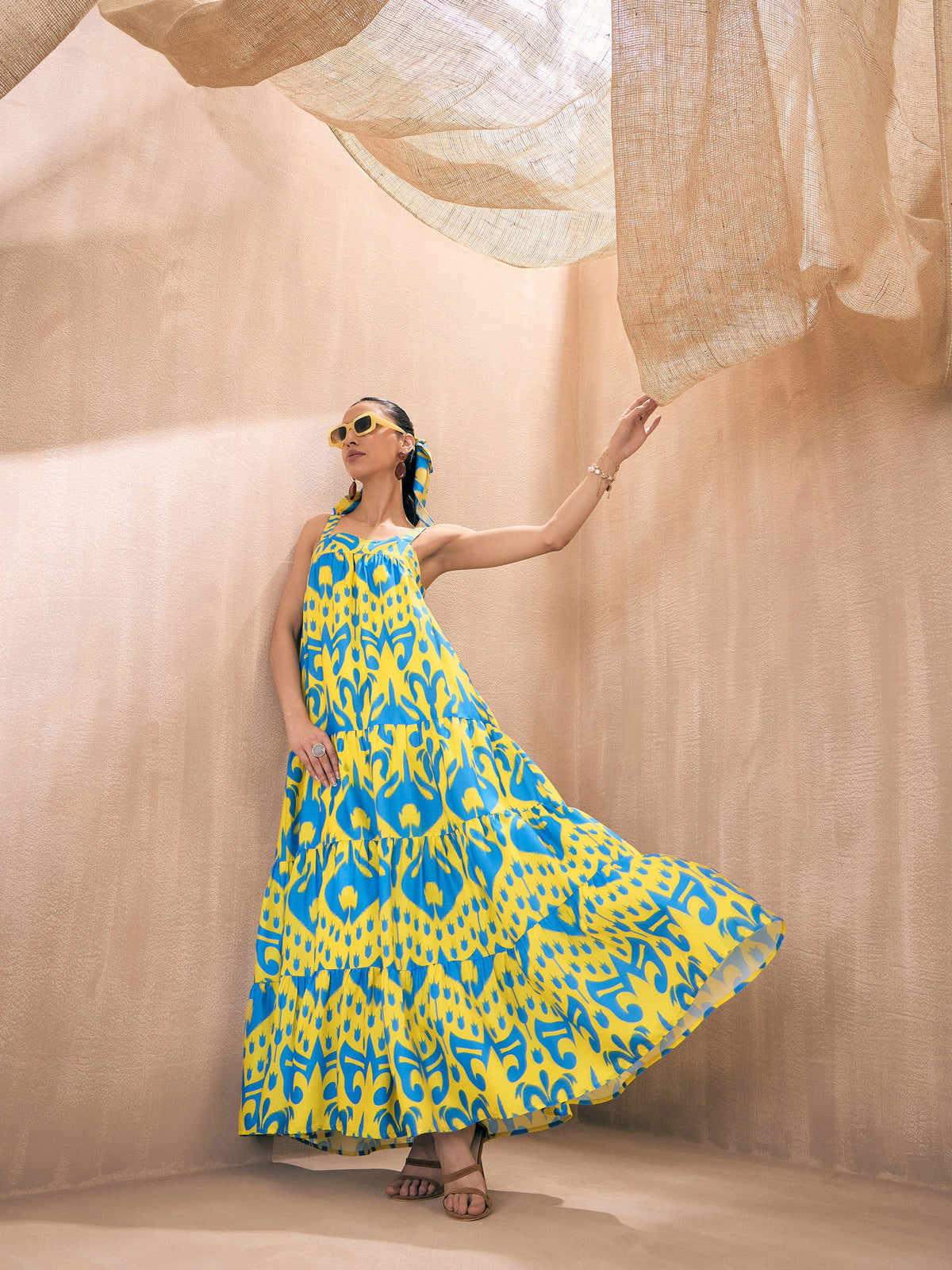 Yellow & Blue Ikat Loose Fit Strappy Tiered Maxi-Pink Paprika By SASSAFRAS